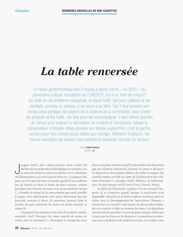Dernières nouvelles de nos assiettes: "La table renversée" - Plaisirs N o 345 juin-juillet 2019