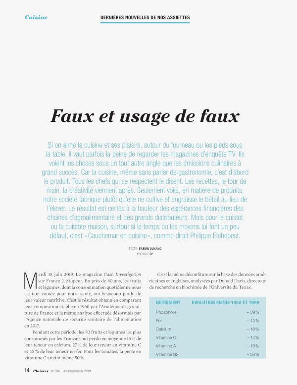 Dernières nouvelles de nos assiettes: "Faux et usage de faux" - Plaisirs No 346 août-septembre  2019